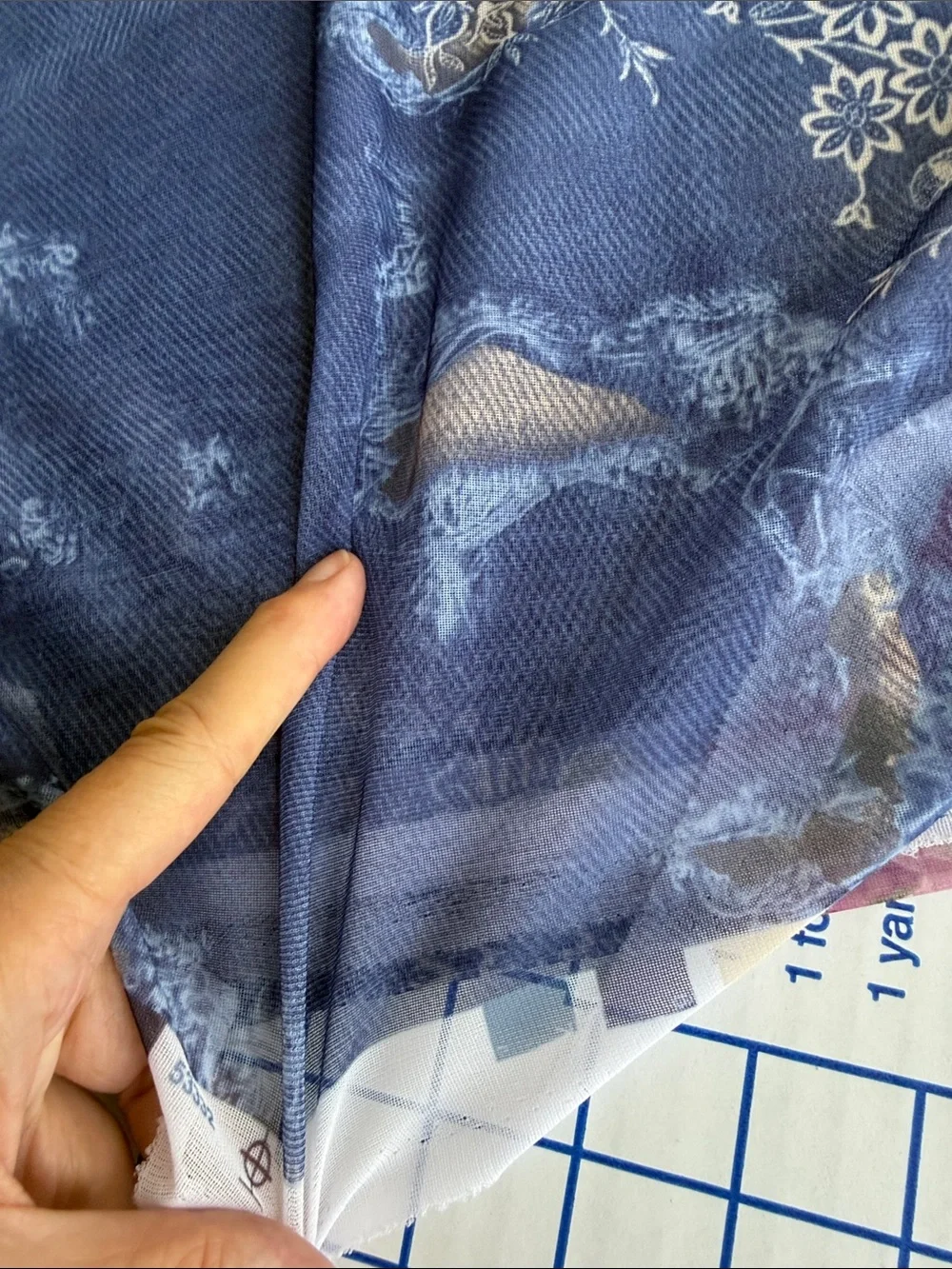 Y2K Denim Rose Lace Print Stretch Mesh Fabric 4 Yards 54” Semi Sheer